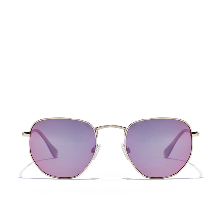 Gold geometric stainless steel sunglasses with purple polarised lenses, round shape