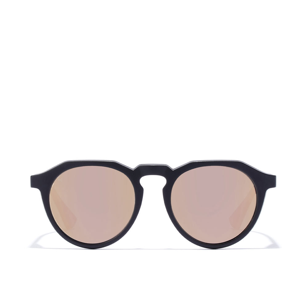 Matte black round Unisex sunglasses with lilac mirror polarised lenses, slim bridge