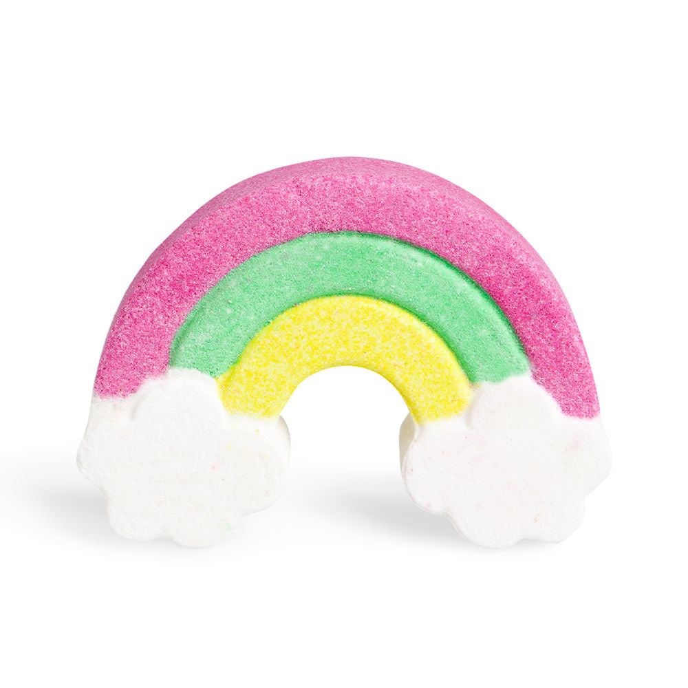 Rainbow-shaped bath bombs with pink, green, yellow, white foam and cloud ends, Martinelia