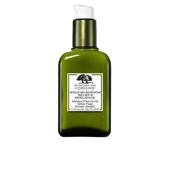 Glass dropper bottle of calming mushroom face serum, 30 ml, botanical oil blend