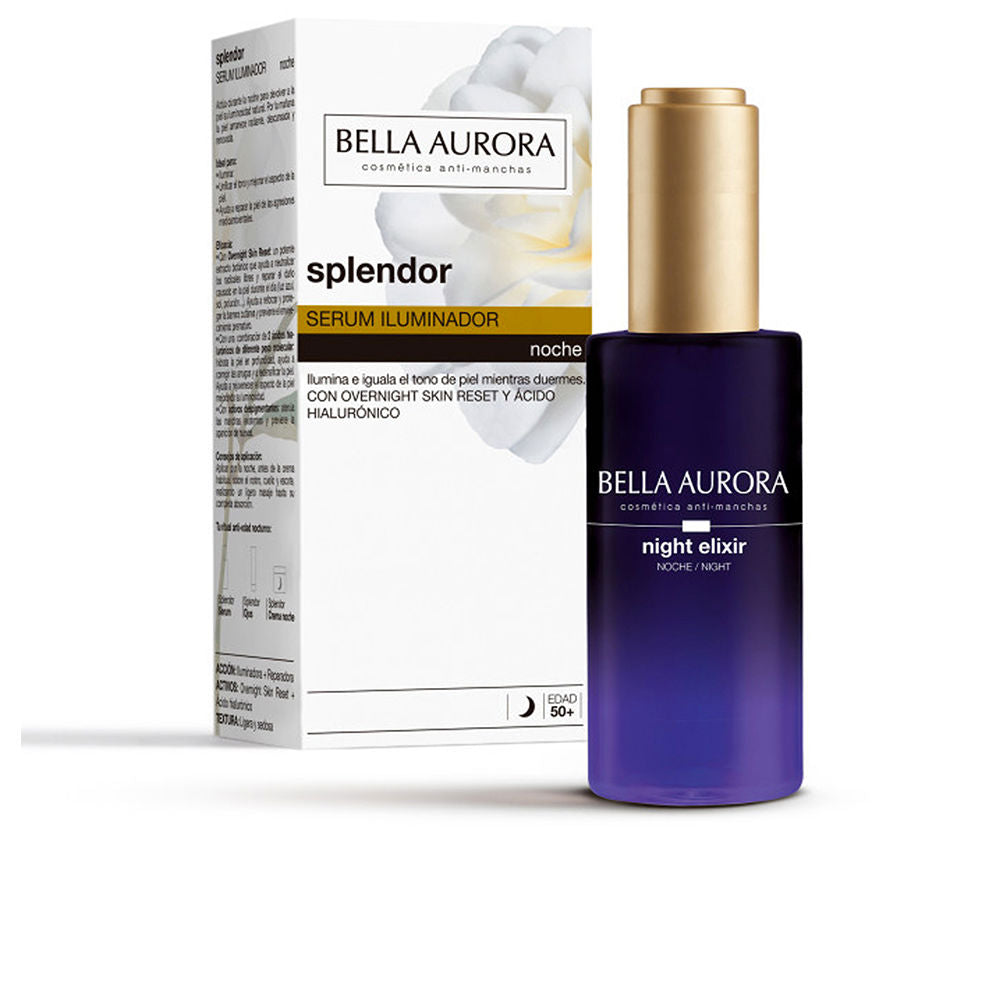 30 ml glass bottle of illuminating night serum, clear gel texture