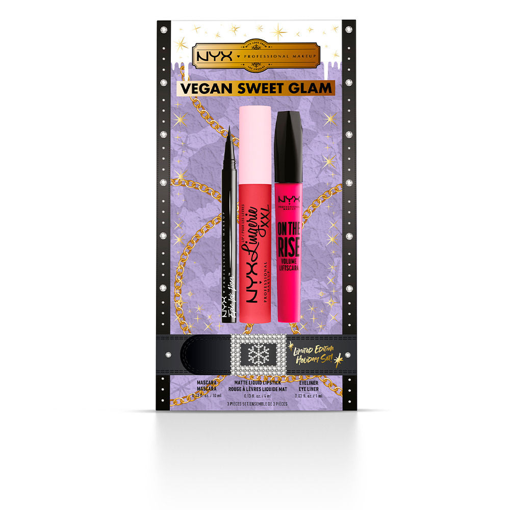 Nyx Professional Make Up vegan makeup set with matte lipstick, mascara, eyeliner, decorative gold-chain star packaging