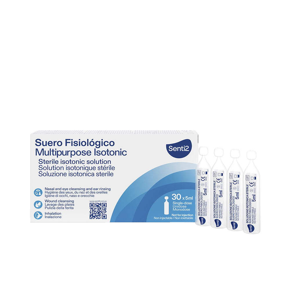 Single‑dose 5 ml isotonic saline vial with rounded nozzle, sterile packaging