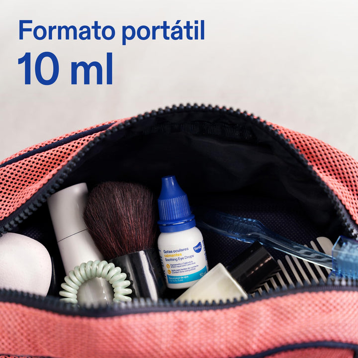 Senti2 Small white and blue plastic eye drop bottle with blue ribbed cap, printed label, and dropper tip
