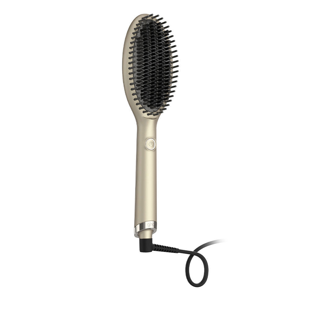 Gold-tone electric straightening brush with ceramic bristles, ergonomic handle, Unisex