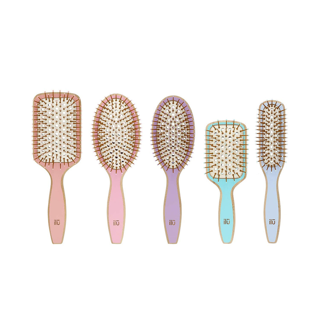 Oval bamboo hairbrush in lavender tone with vented cushion and anti‑static bristles