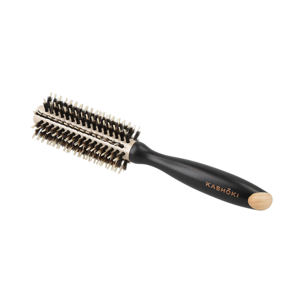 Wooden round hair brush with ceramic barrel and mixed boar‑nylon bristles