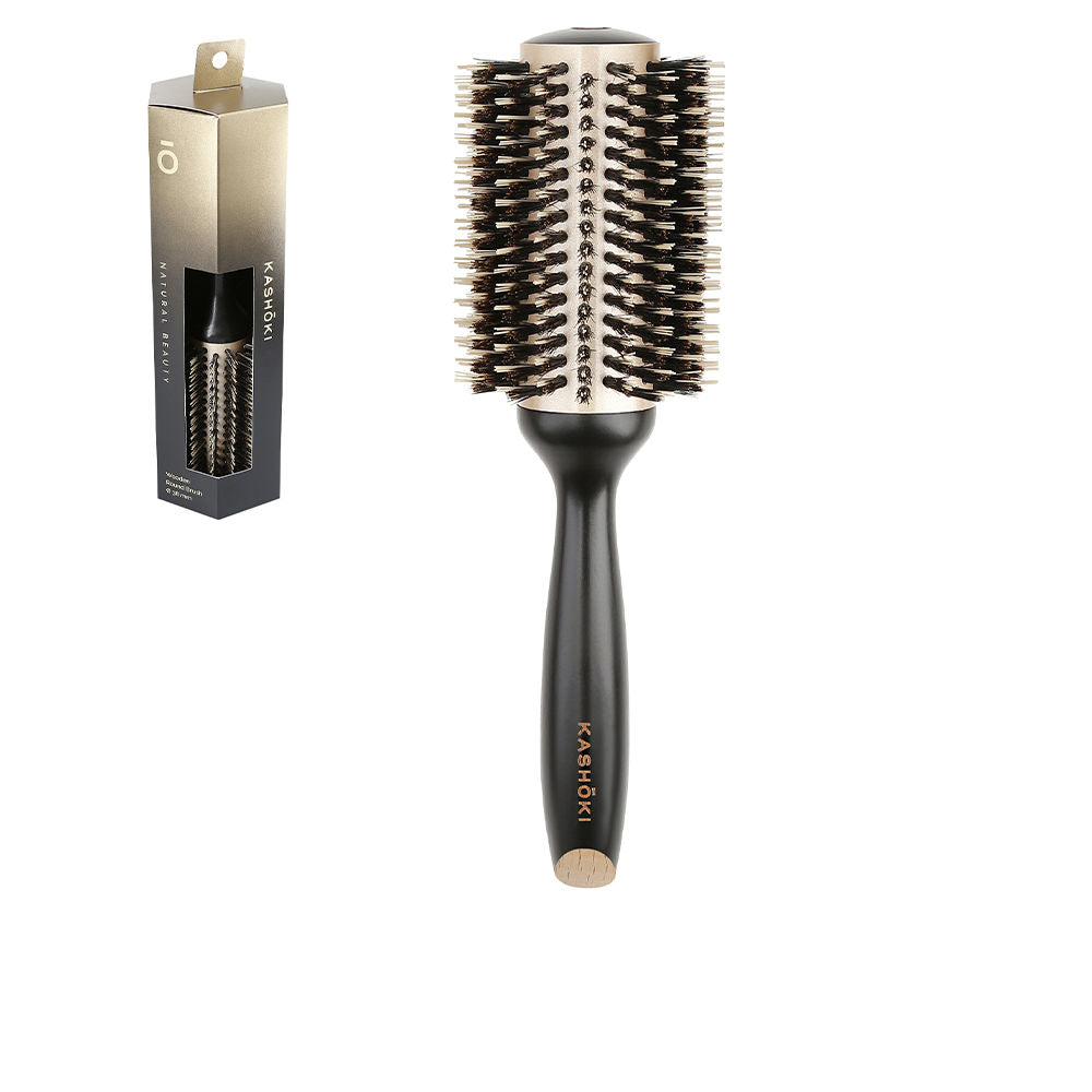 38 mm wooden round hair brush with ceramic barrel and mixed boar-nylon pins