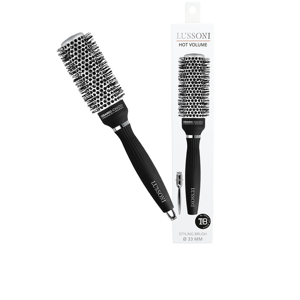 33 mm ceramic round styling brush with waved nylon bristles and removable tail pin