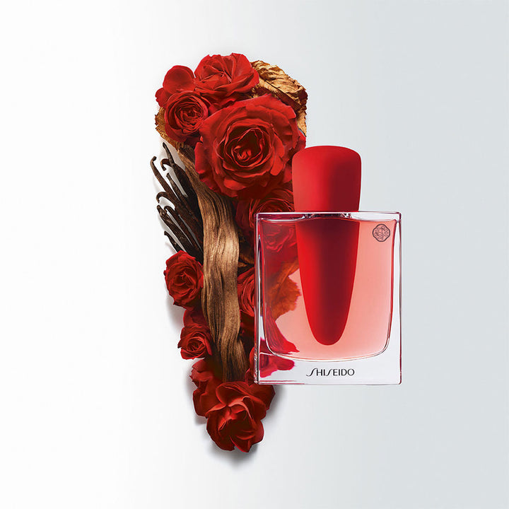30 ml crimson-tinted glass bottle; floral-woody perfume for Women