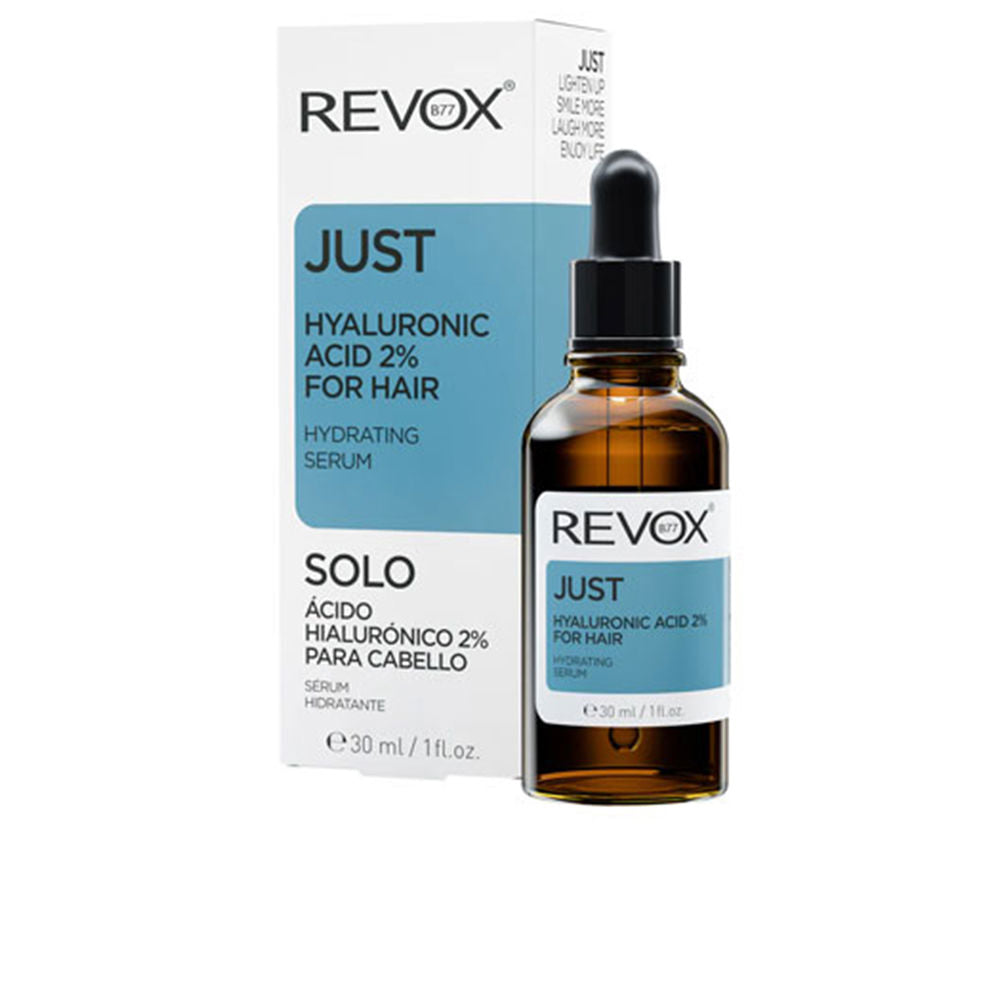 30 ml clear bottle of lightweight hyaluronic hair serum for dry scalp and hair