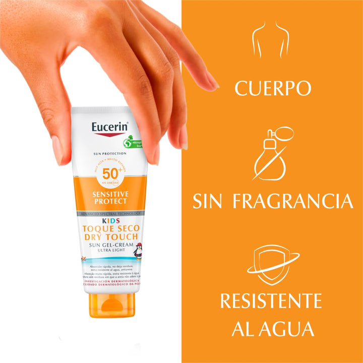 Tube of Eucerin Sun Sensitive Protect Kids gel-cream SPF 50+ for delicate skin