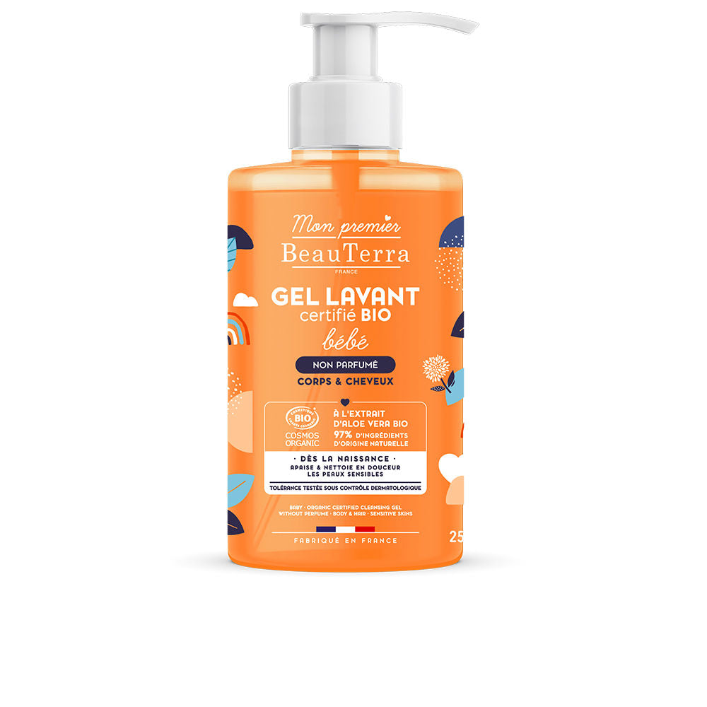 Bottle of Beauterra Bio Baby fragrance-free shower gel with Aloe Vera, recycled packaging