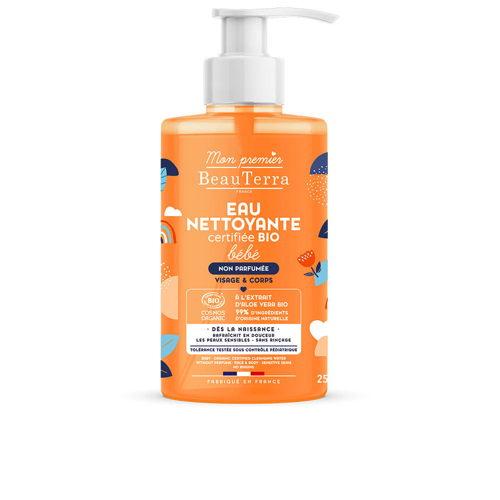 Bottle of Beauterra fragrance-free baby cleansing water with aloe vera, newborn-safe