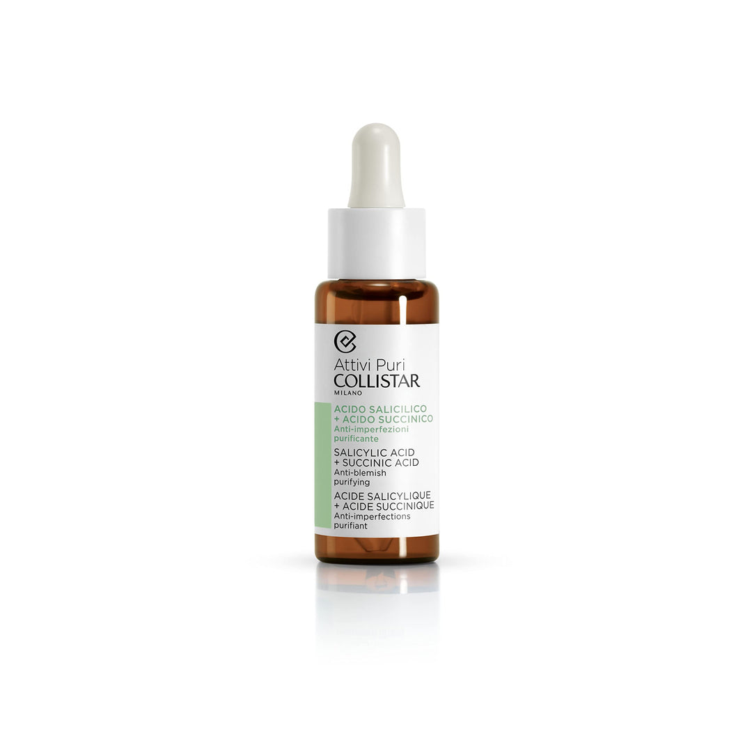 30 ml clear dropper bottle of clarifying serum with key acids