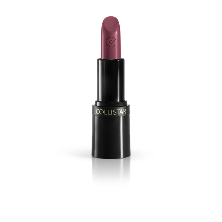 Slim black tube lipstick, warm mauve cream finish, tapered tip, 3.5 g