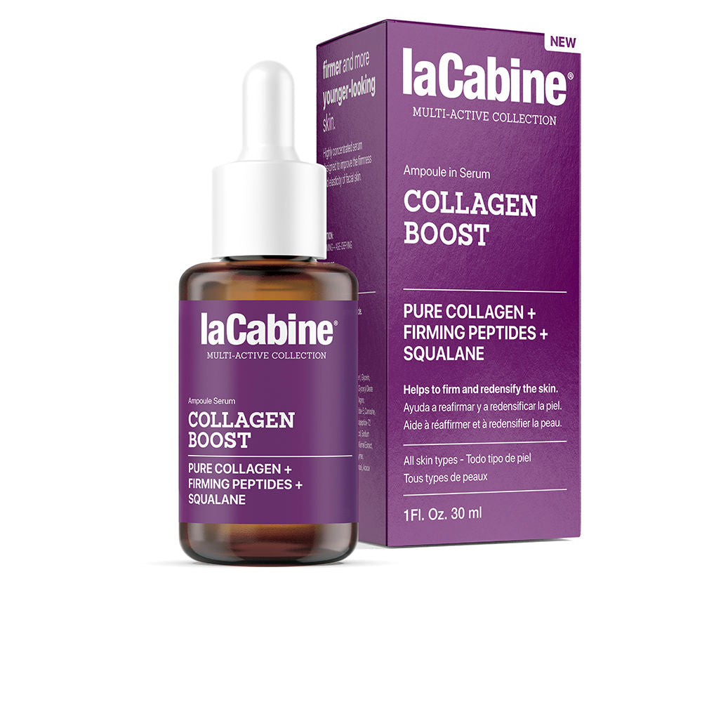30 ml clear bottle of Collagen Boost serum, lightweight formula for women