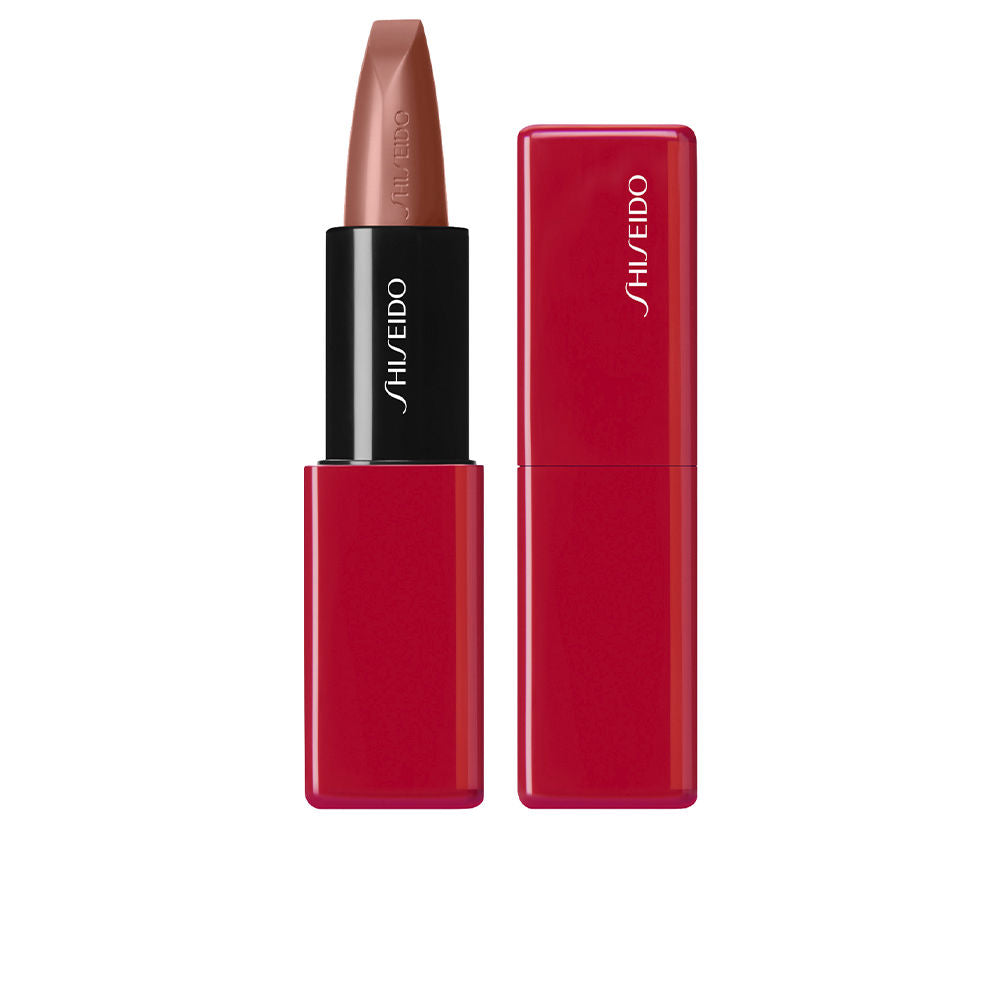 Slim bullet lipstick in muted red, contoured applicator visible, 3.3 g tube