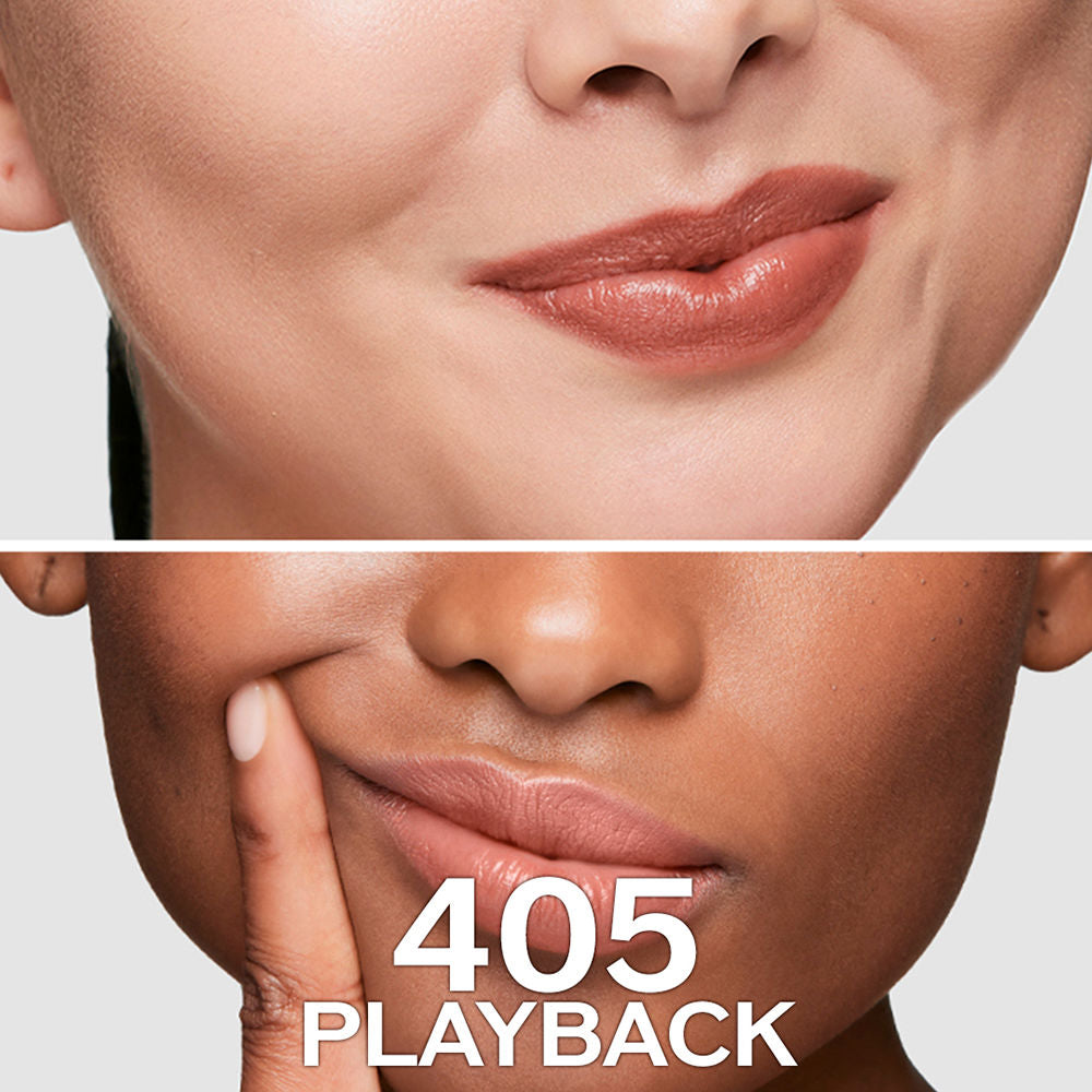 Slim bullet lipstick in muted red, contoured applicator visible, 3.3 g tube
