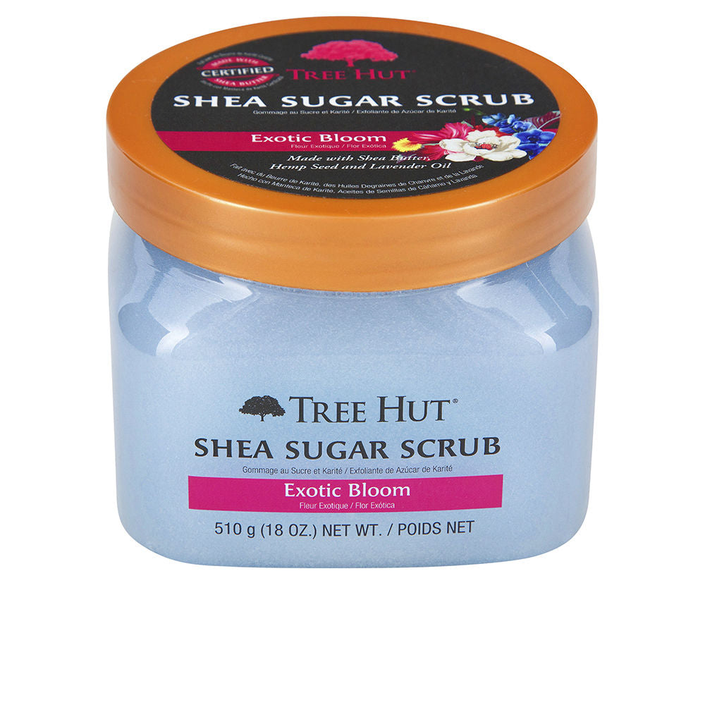 Open 510 g jar of sugar body scrub with pale cream texture and lavender sprigs