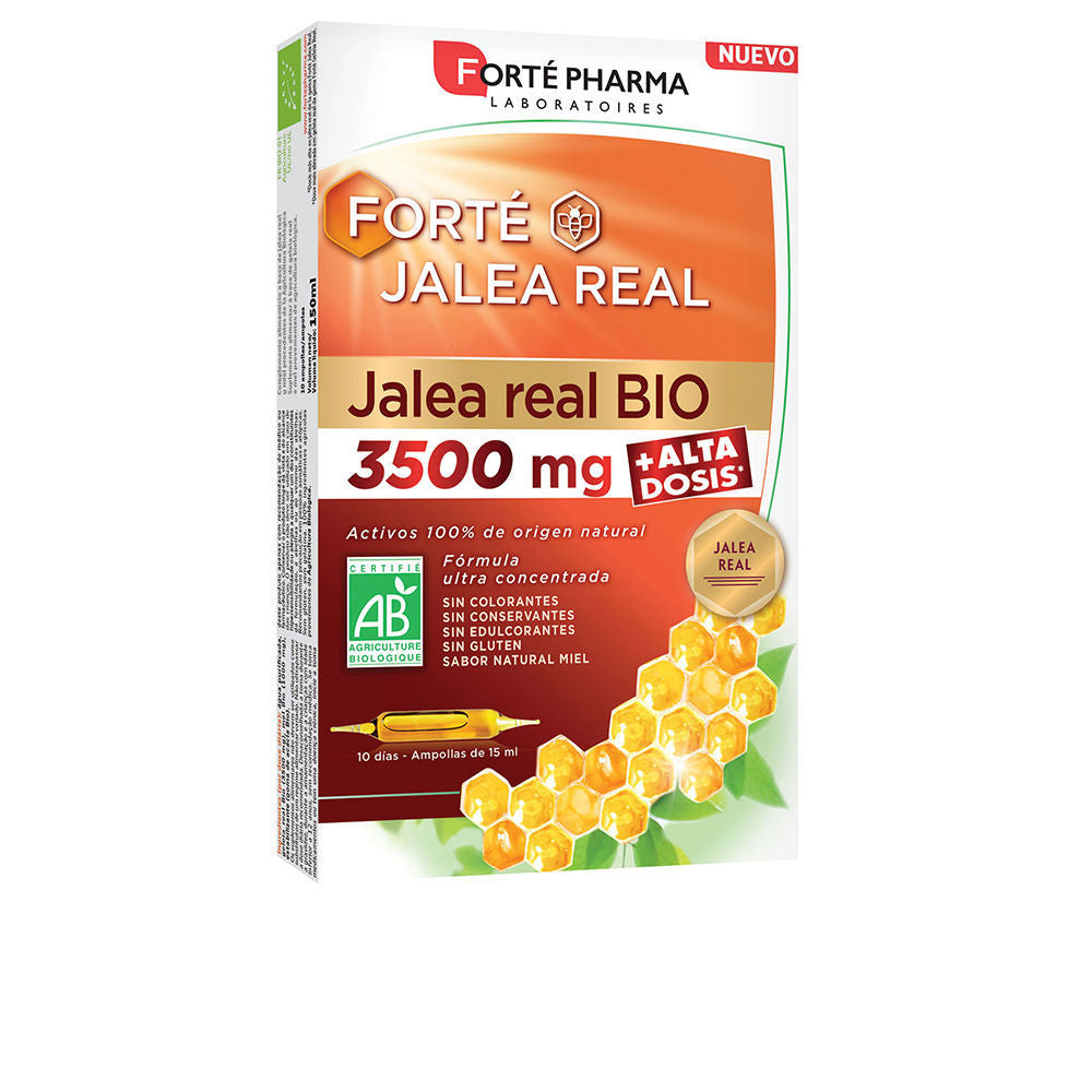 Forté Pharma Orange and white single‑dose royal jelly vials with honeycomb motif, ampoule image, certification logo