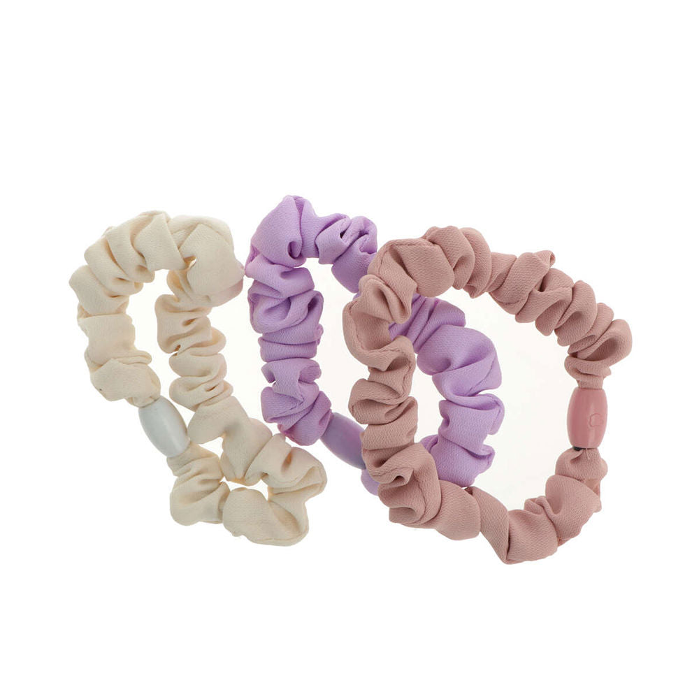 Inca Soft fabric scrunchie hair ties in cream, lavender, dusty pink — scrunched, elastic set