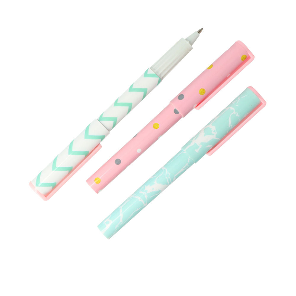 Set of three Unisex gel pens with blue ink and different printed designs