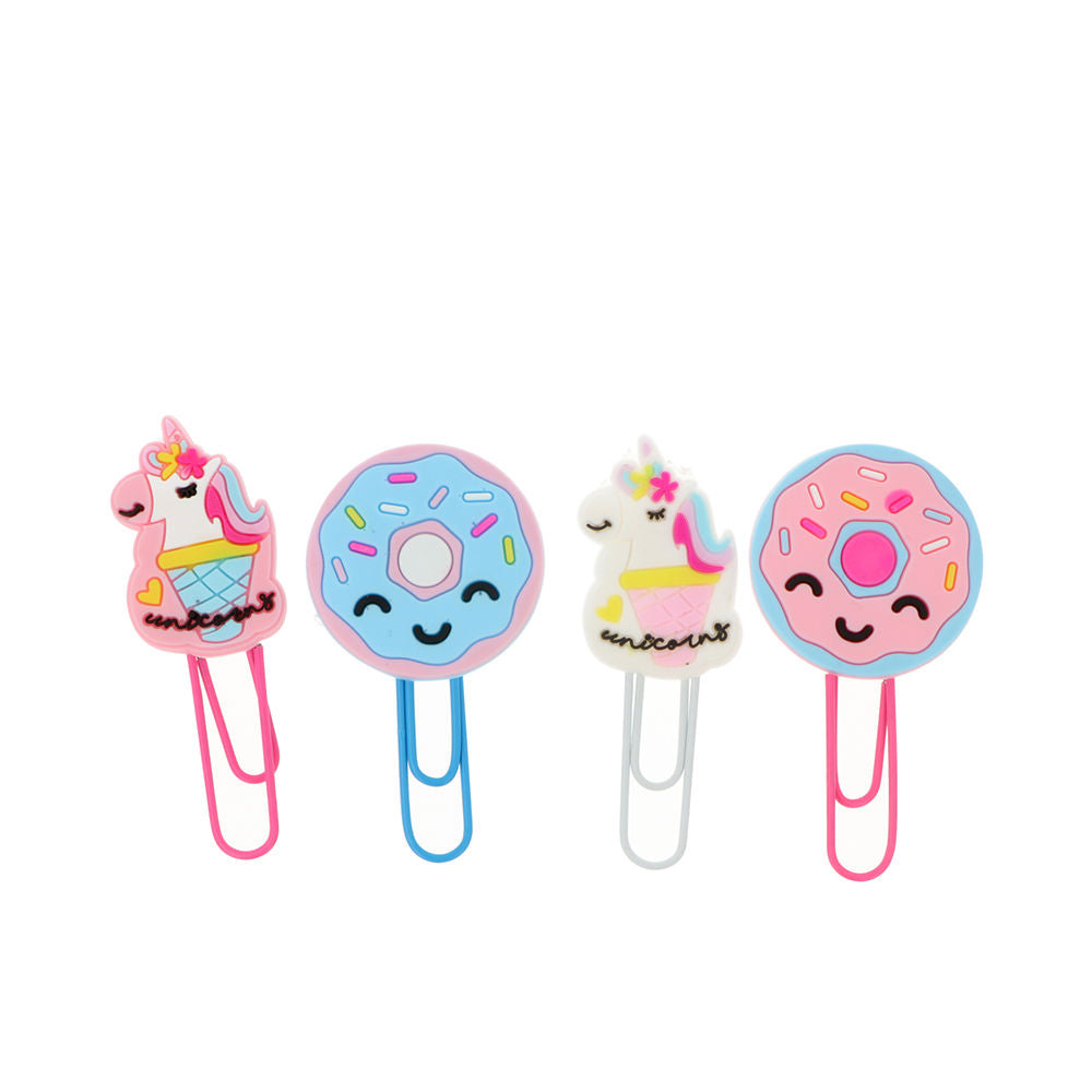 Four decorative 6 cm metal clips with silicone unicorn and donut tops in blister pack