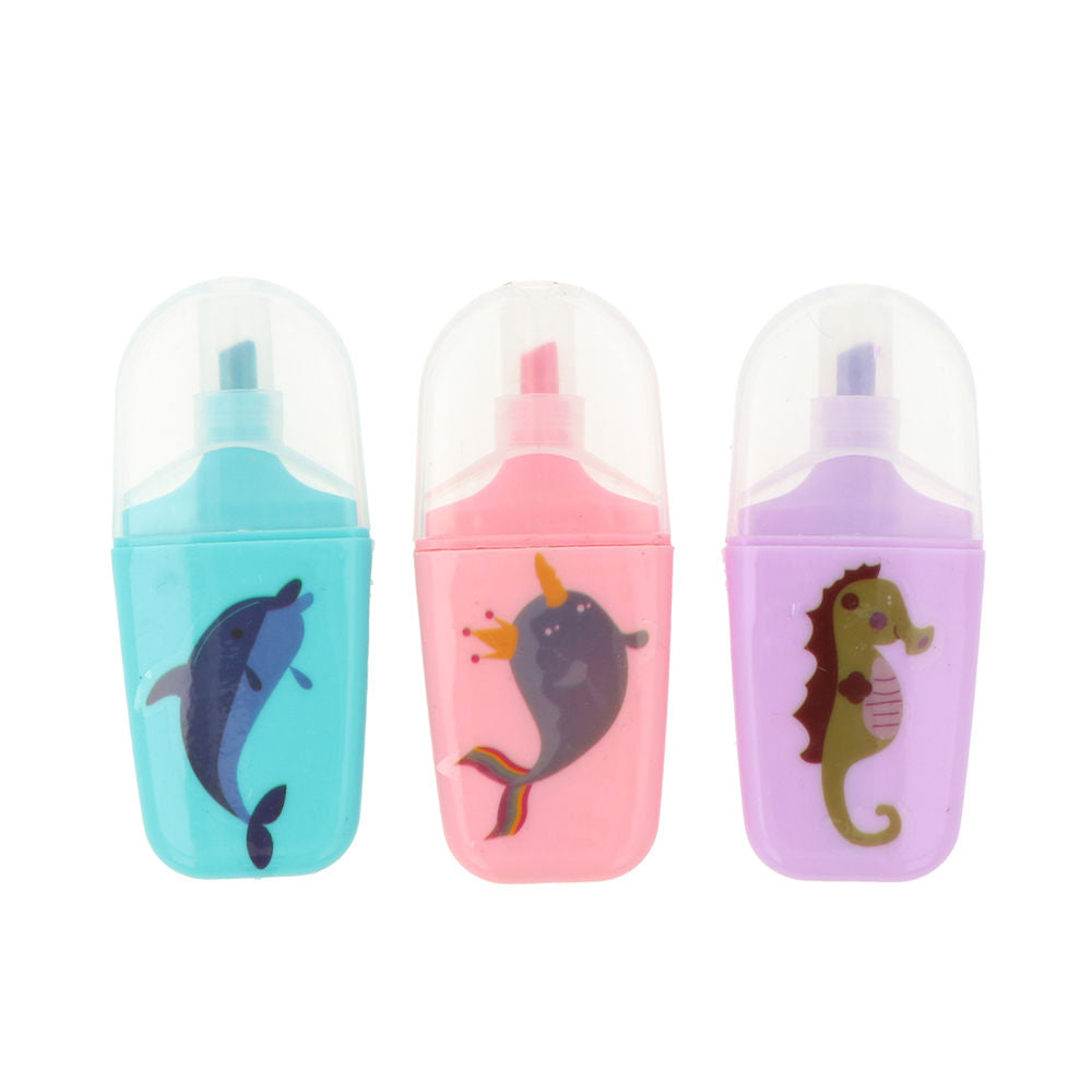 Two mini fluorescent markers in blue, lilac and pink with printed illustrations, pocket-sized