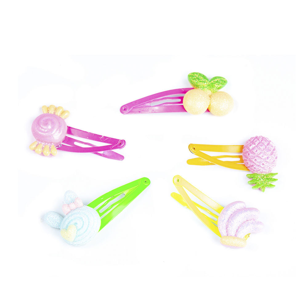 Inca Set of five plastic fruit-shaped hair clips in pink, yellow, green, blue with glitter accents