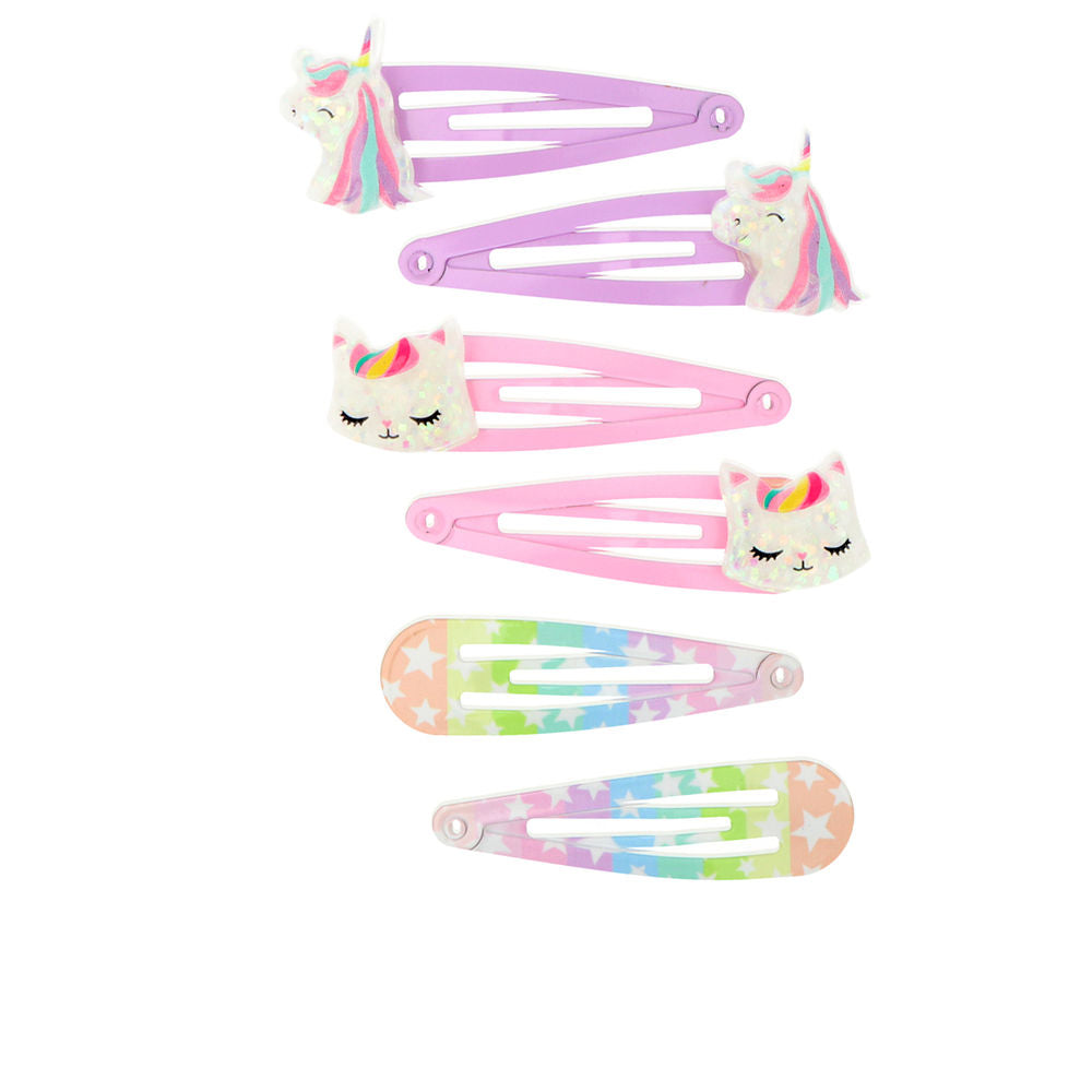 Inca Set of six pastel rainbow snap hair clips with unicorn and sleeping-cat heads, star-patterned accents