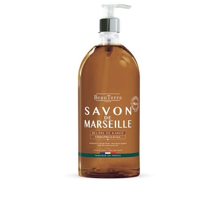 Clear bottle of olive‑infused Marseille liquid soap, 1,000 ml, recyclable packaging