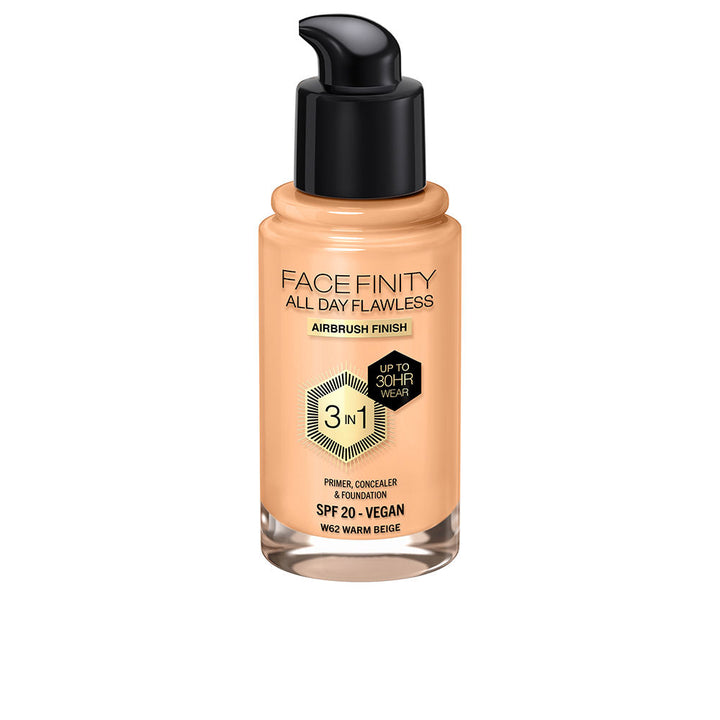 Tubed 30 ml matte foundation in warm beige, pump cap, neutral swatch