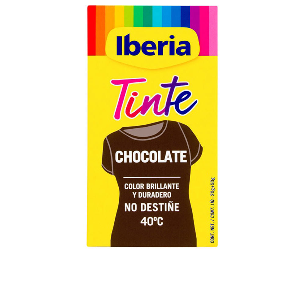 Iberia Jar of yellow T-shirt dye with multicolor stripe label and T-shirt illustration, clean modern packaging