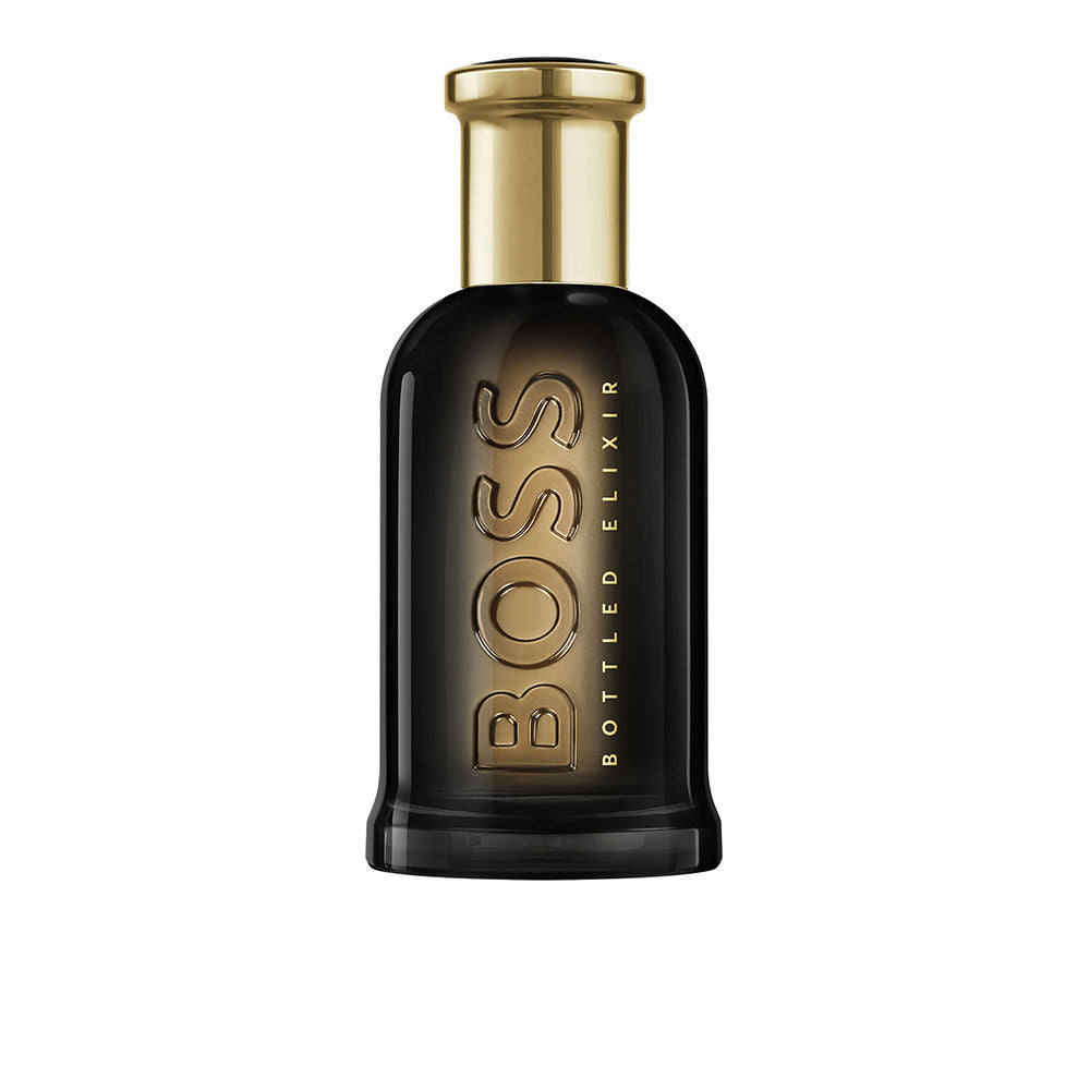 Glossy black glass parfum bottle with brushed gold cap, 100 ml vial