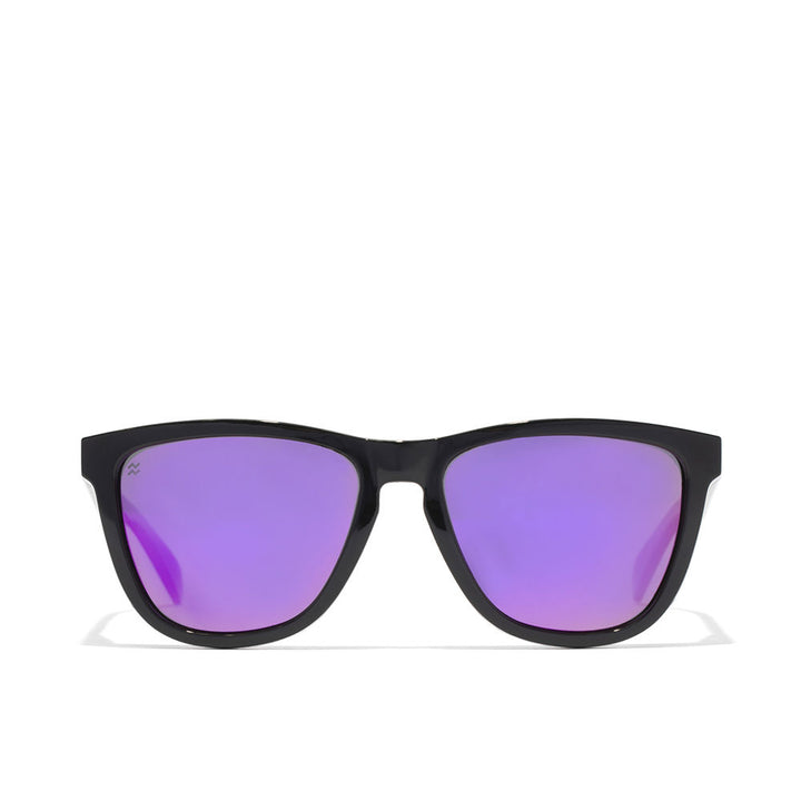 Unisex rectangular black nylon sunglasses with polarised lenses, folded on white background