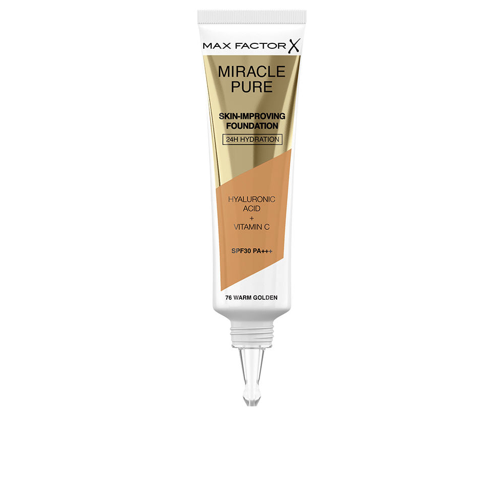 30 ml fluid foundation bottle, warm golden shade, SPF 30
