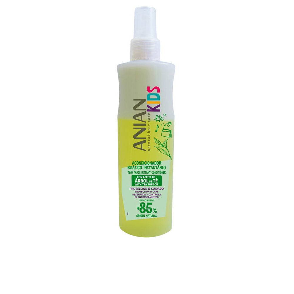 Anian Yellow and white plastic spray bottle with green label, two-phase tea tree conditioner, modern informative design