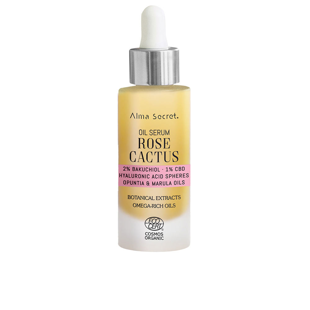 Glass bottle of golden Rose Cactus facial oil with dropper, 30 ml