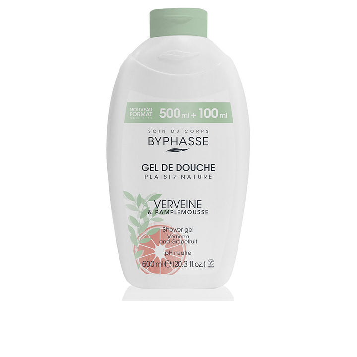 Clear 600 ml shower gel bottle labelled Verbena &amp; Grapefruit for Women