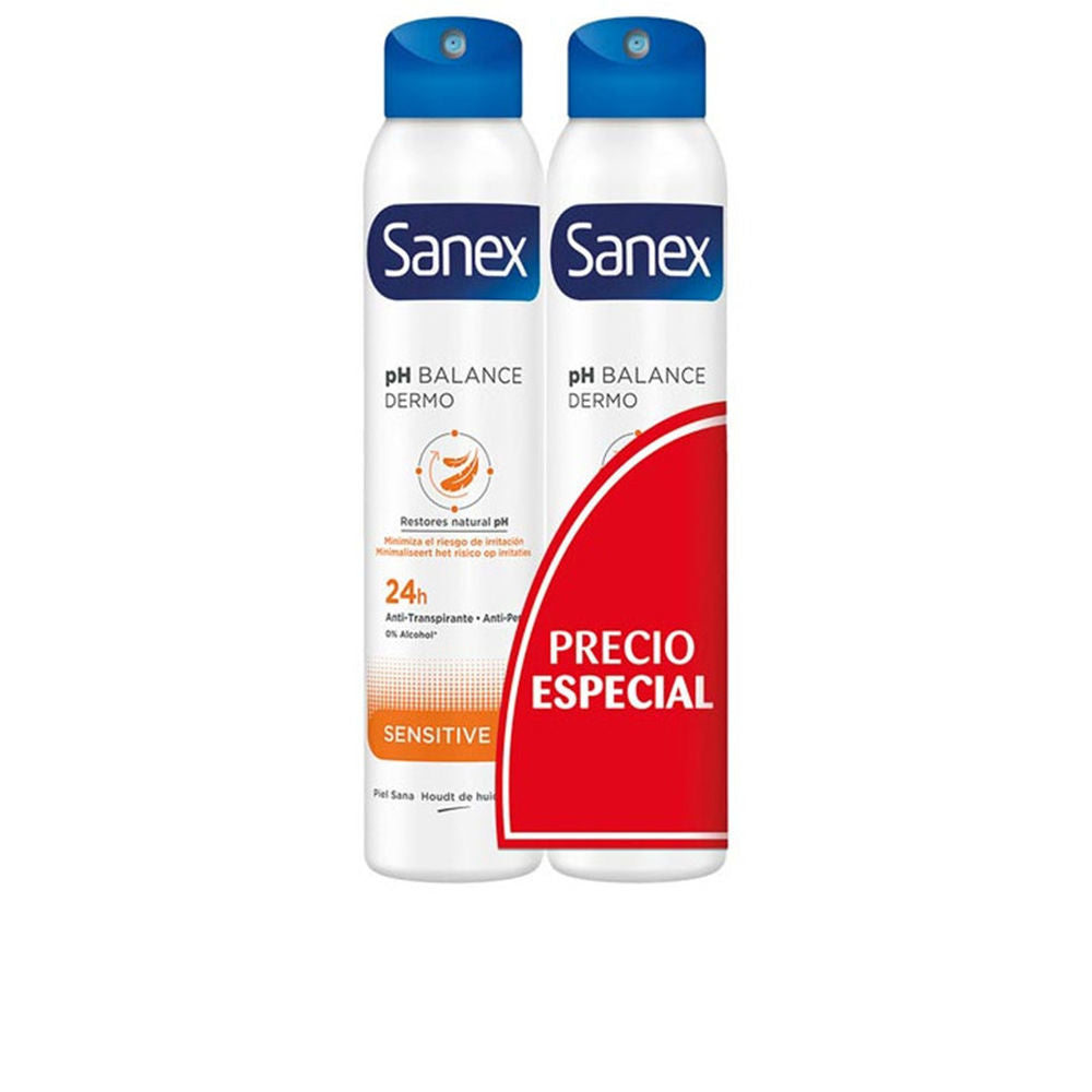 Sanex Dermo Sensitive antiperspirant spray bottle, gentle formula for sensitive skin.