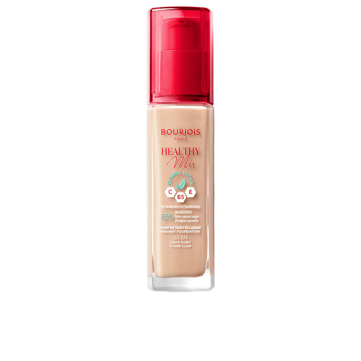 30 ml pump bottle of light ivory liquid foundation, radiant finish, recycled packaging