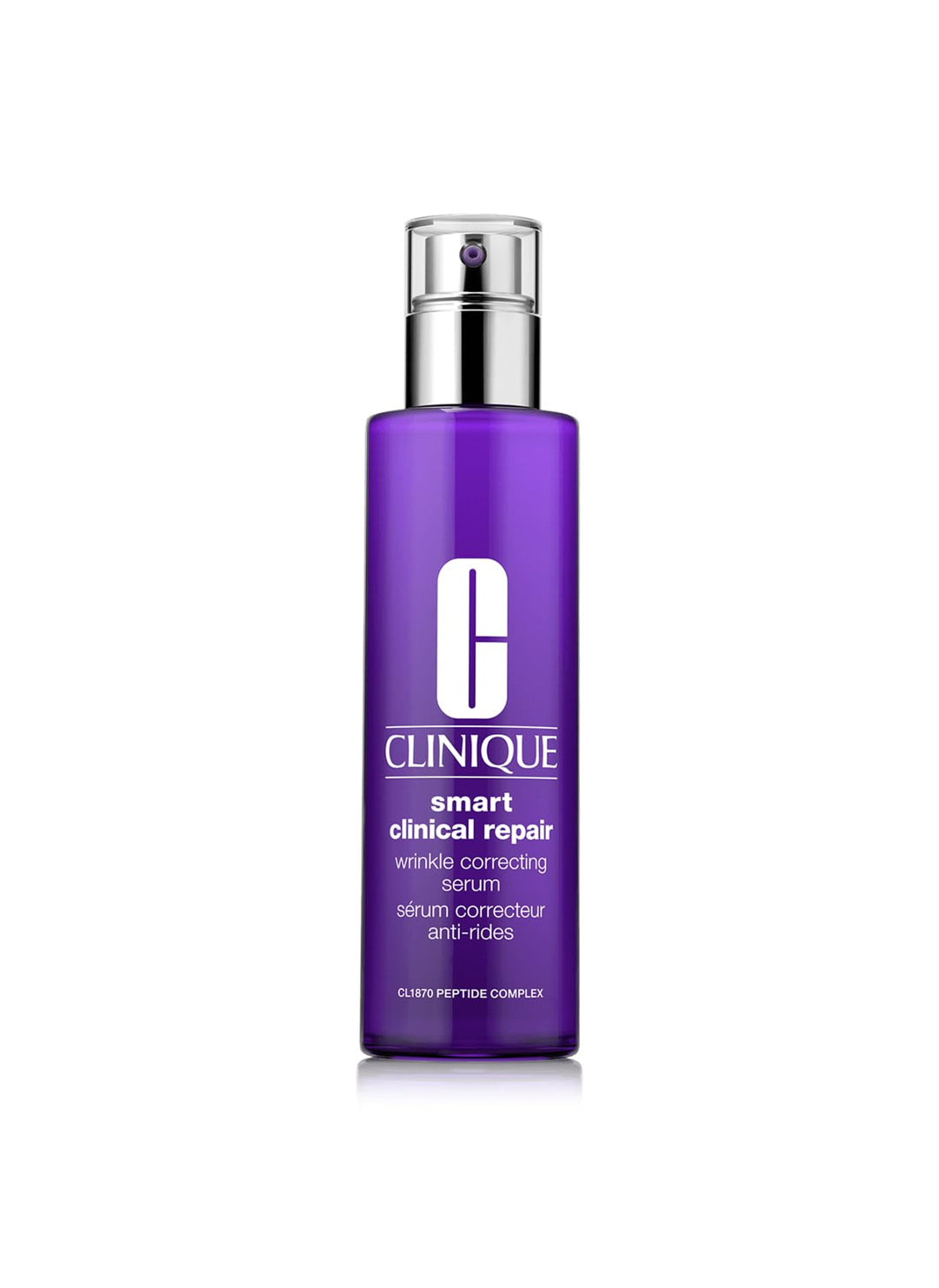Glass pump serum bottle, 75 ml, translucent with silvery cap on neutral background