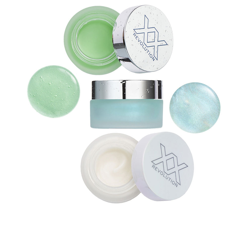 Revolution Make Up Glass round jar with green-blue gel and white cream, silver screw-on lid, minimalist modern styling