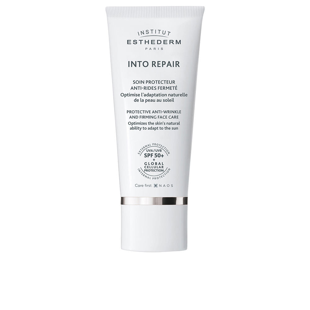 Tinted tube of high‑protection sunscreen by Institut Esthederm for sensitive, aging skin