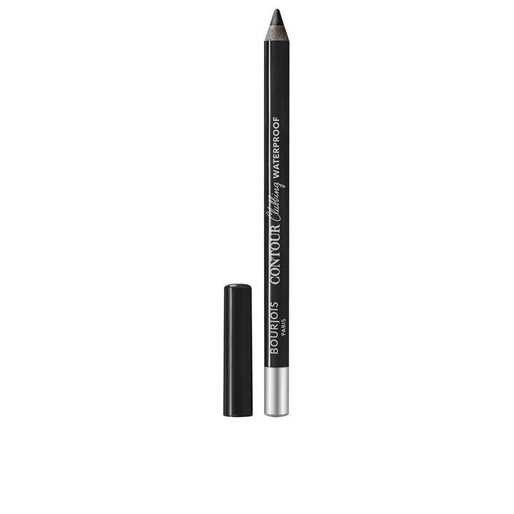Slim black eyeliner pencil with pointed tip, removable cap, silver base and white printed text — Bourjois