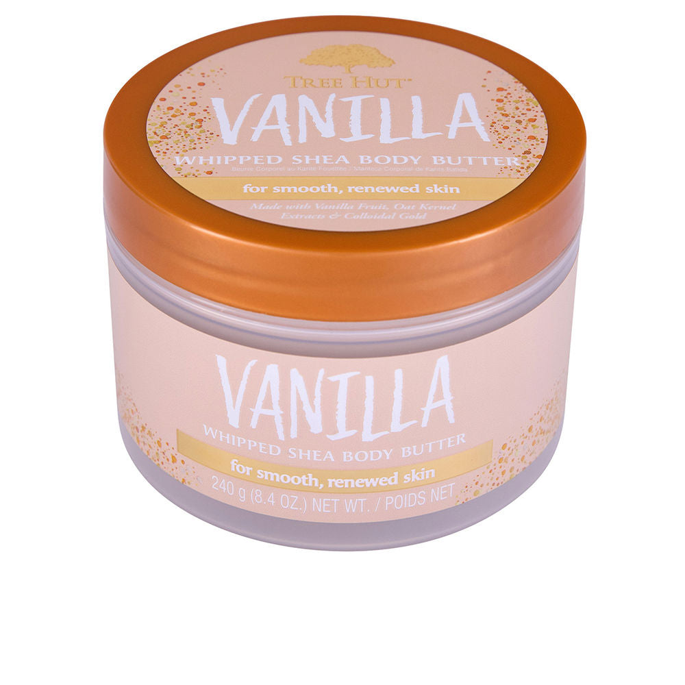 Tree Hut Peach-orange plastic round container with screw-on lid, label with decorative speckles and text