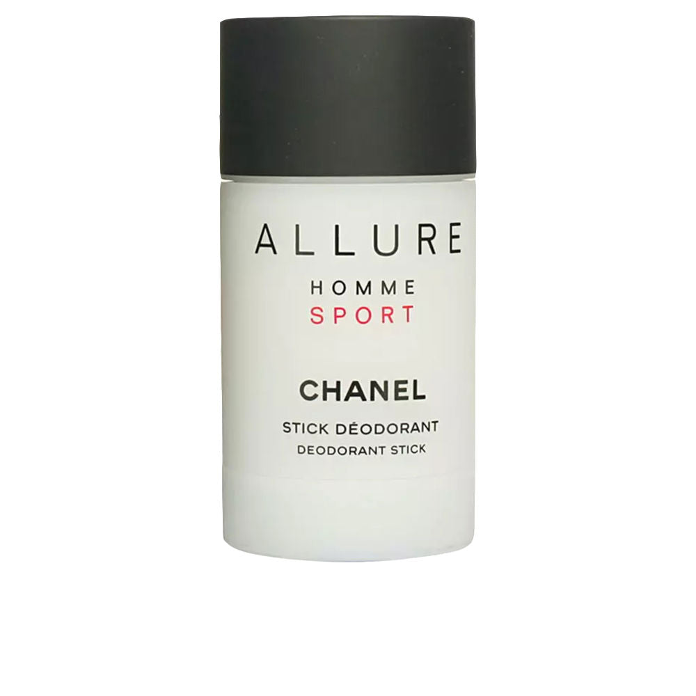 Chanel Minimalist white and black plastic deodorant stick with black cap, cylindrical shape and printed text