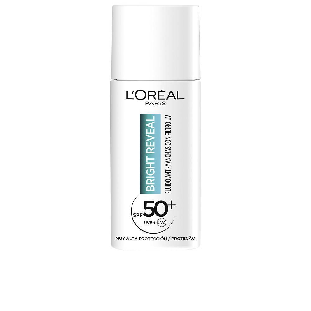 L'Oréal Paris White plastic cylindrical sunscreen bottle with flip-top cap, printed SPF 50+ label, minimalist styling