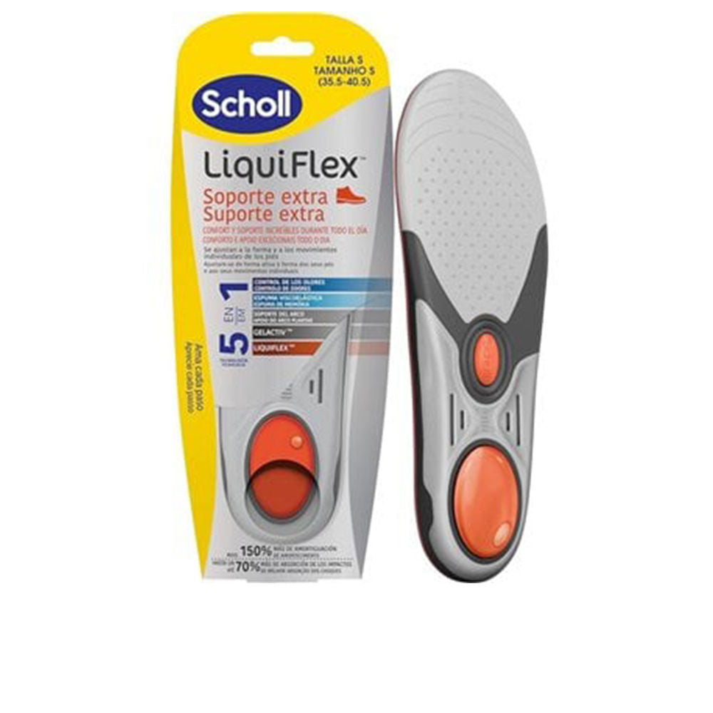 Pair of Scholl Liquiflex™ cushioned insoles showing layered construction and contoured shape